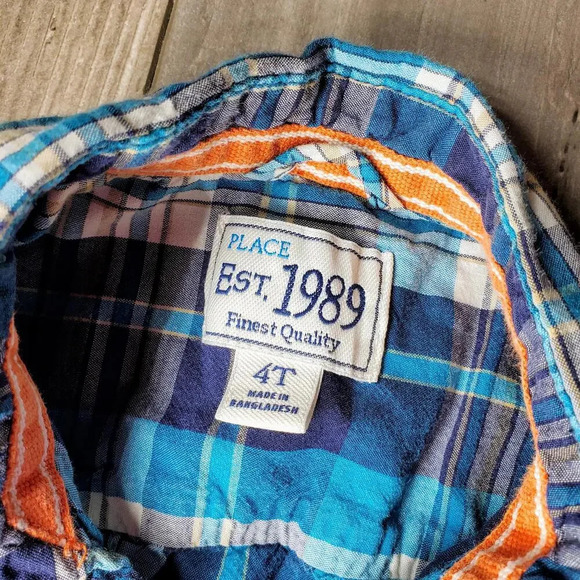PLACE Blue and White Plaid 100% Cotton Button Down Short Sleeve Shirt Size 4T - Picture 2 of 14